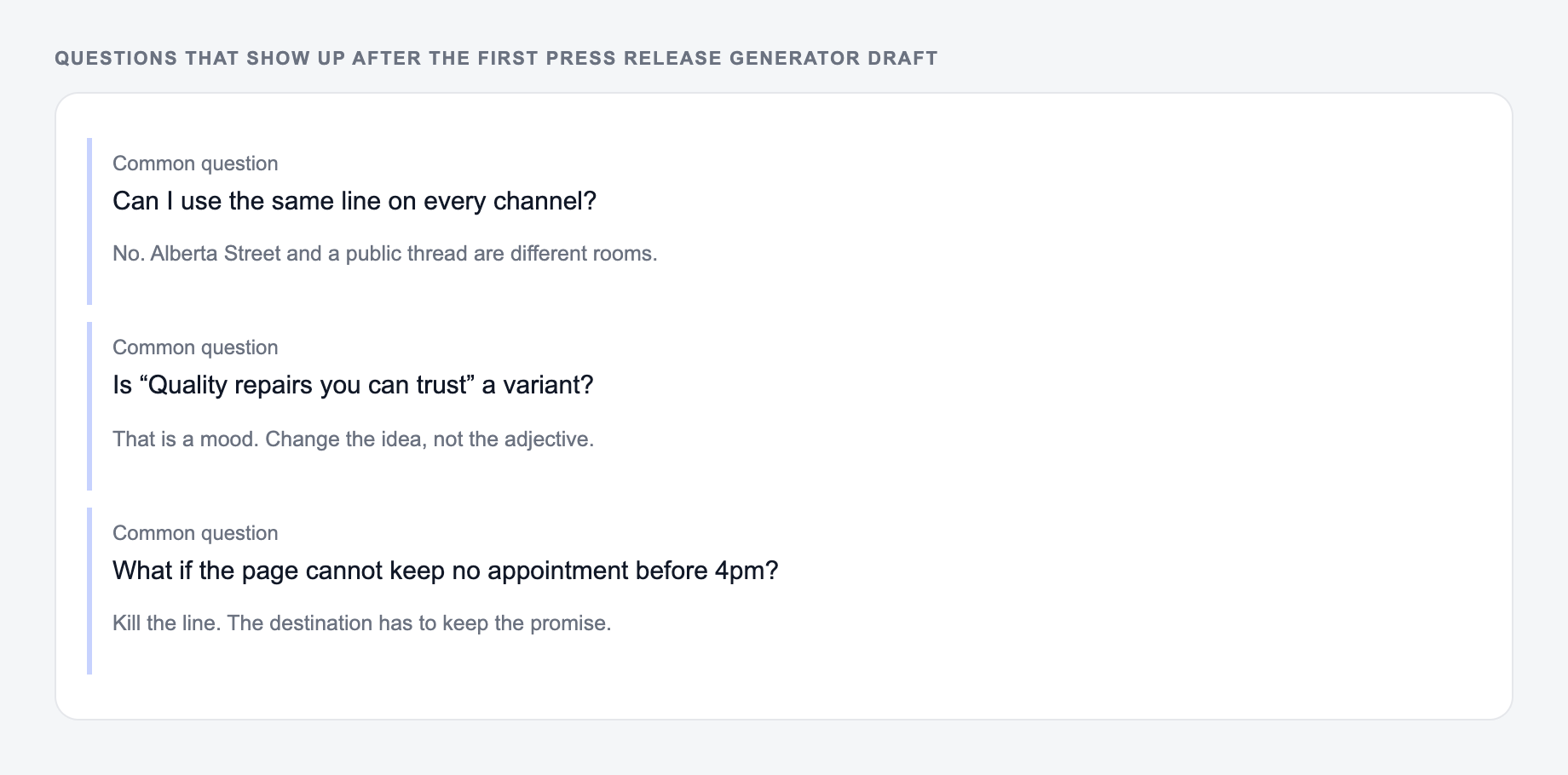 Screenshot of three common questions people ask after generating with the Press Release Generator, including what to lock (the 4pm cutoff and the shop name) and when to stop