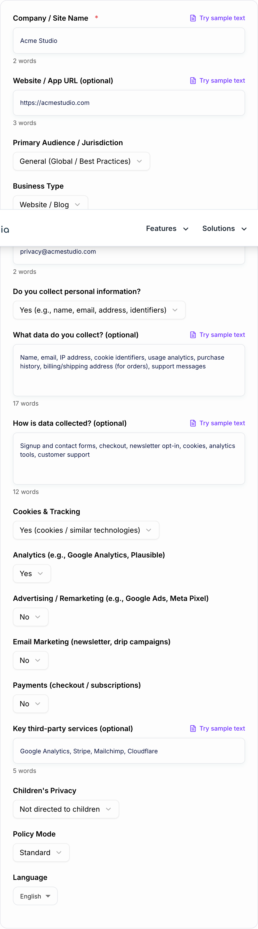 Screenshot of the AI Privacy Policy Generator form with data practices, region, and policy mode filled in