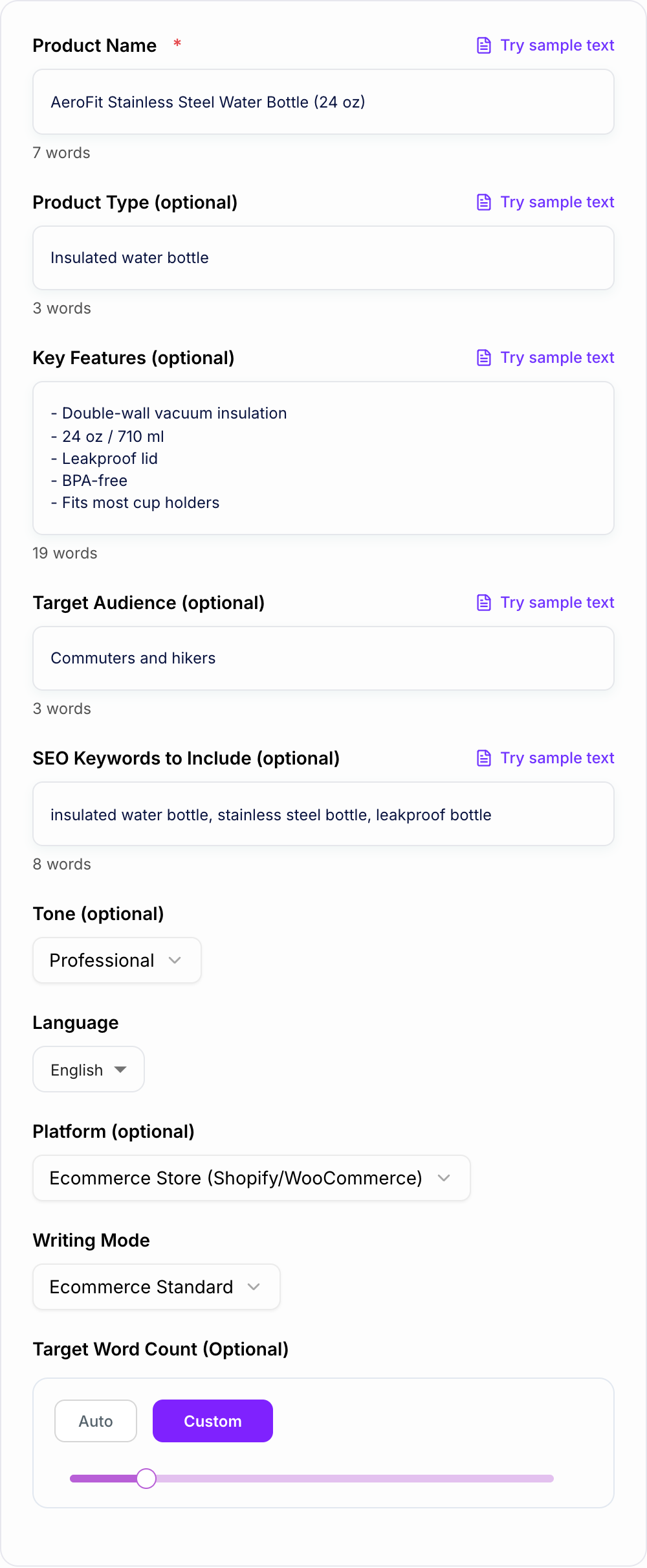 Screenshot of the AI Product Description Generator form