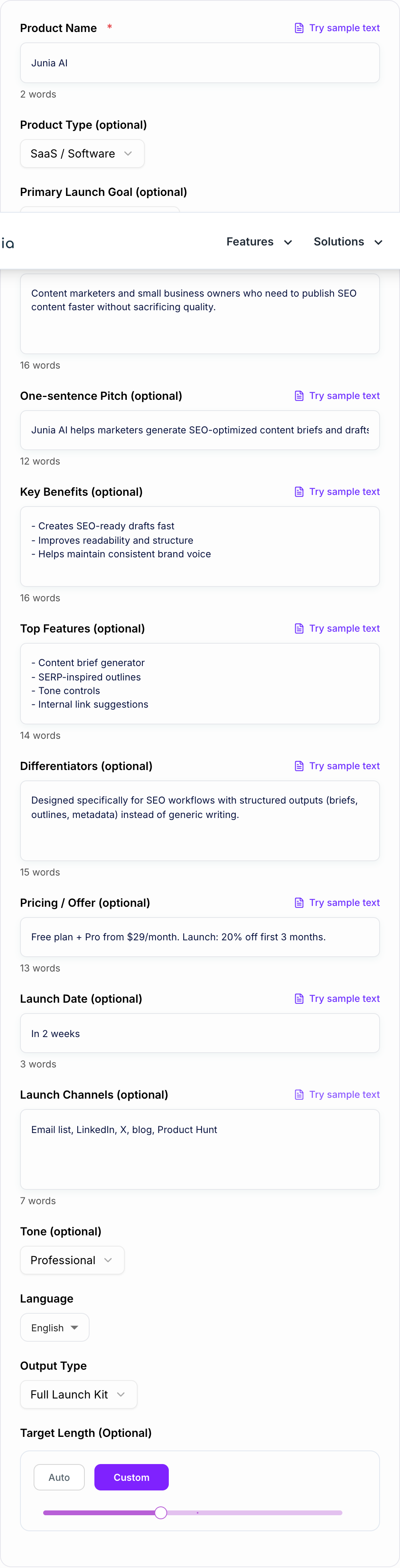 Screenshot of the AI Product Launch Generator workspace
