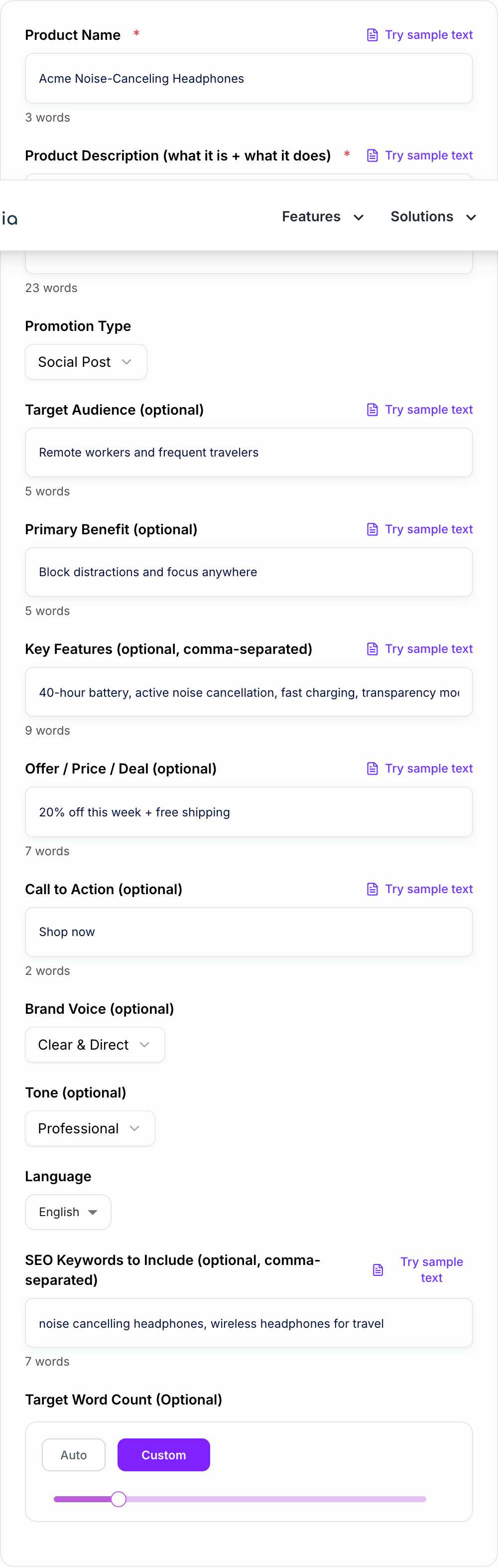 Screenshot of the AI Product Promotion Generator form with product, audience, and channel filled in