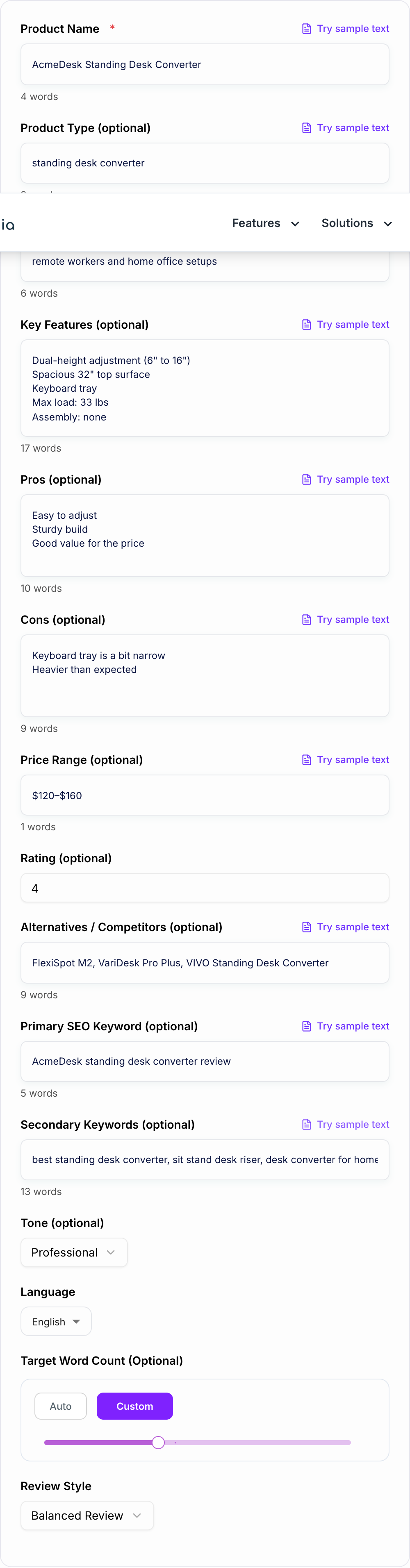 Screenshot of the AI Product Review Generator form
