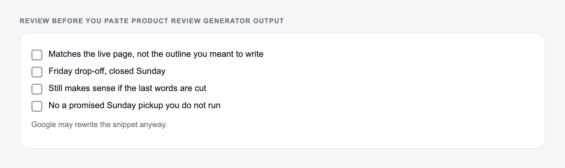 Screenshot of a four-item review checklist for Product Review Generator output, covering what must stay true and what the draft is not allowed to invent