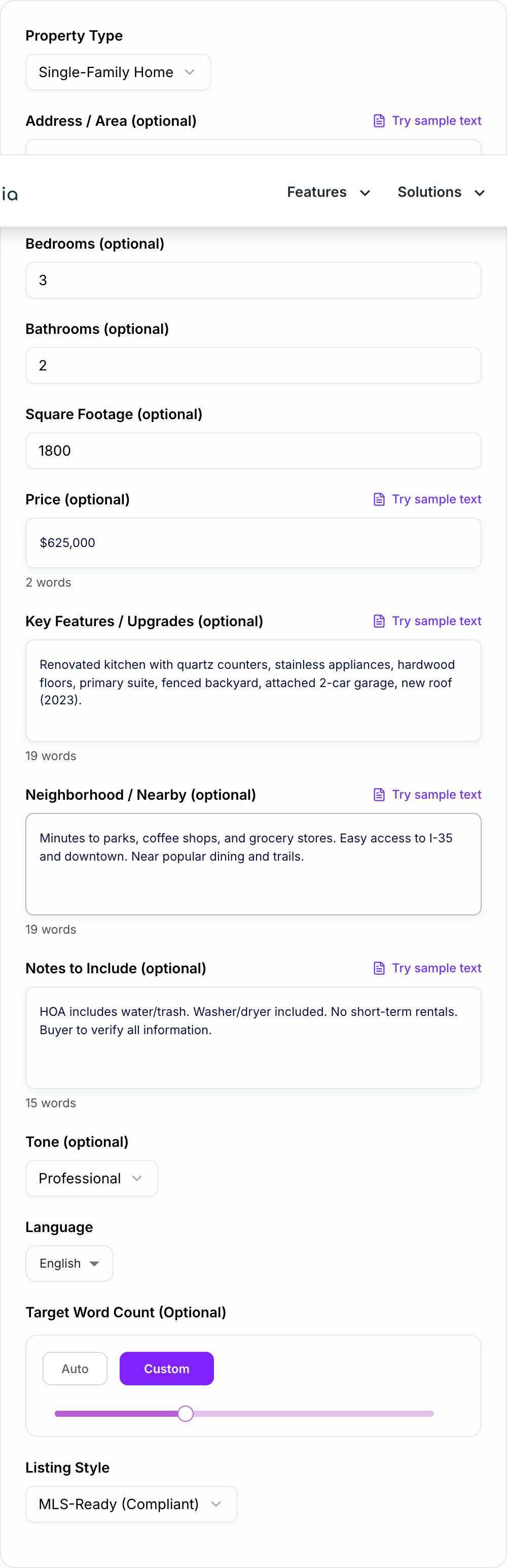 Screenshot of the AI Real Estate Listing Generator workspace