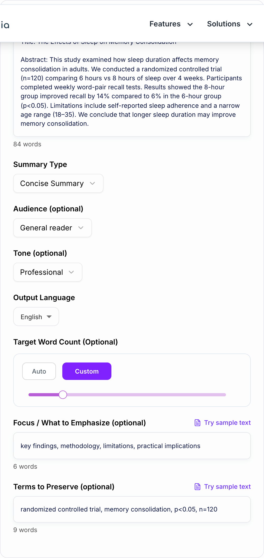 Screenshot of the AI Research Summary Generator workspace