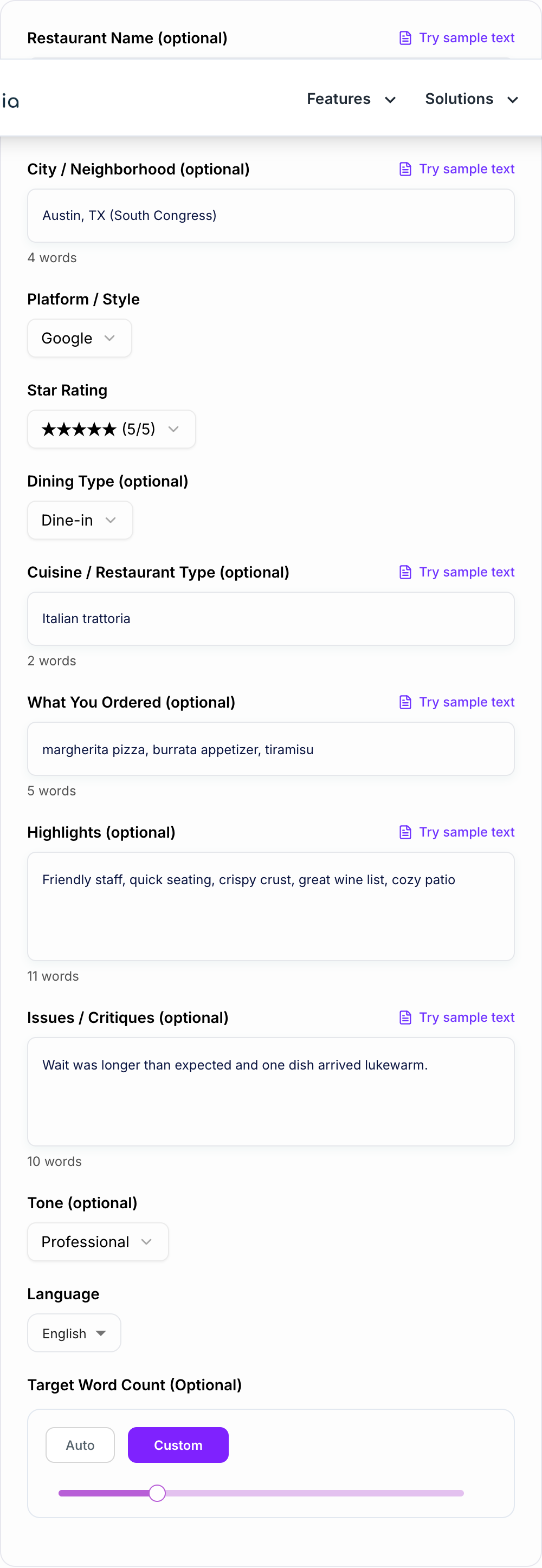 Screenshot of the AI Restaurant Review Generator form with restaurant, visit notes, and platform filled in