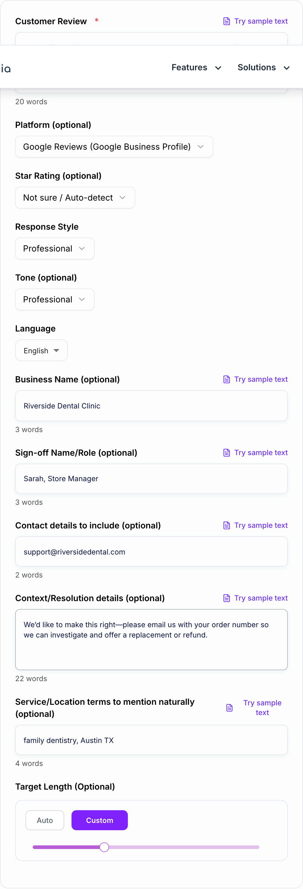 Screenshot of the AI Review Response Generator workspace