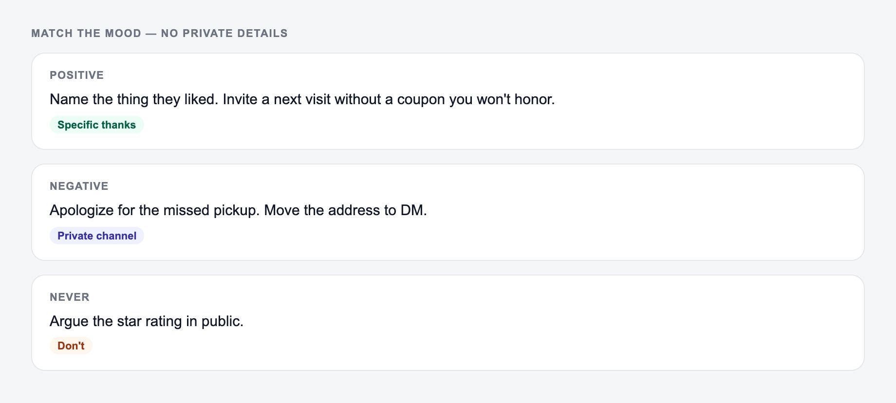 Match the review mood — no private details