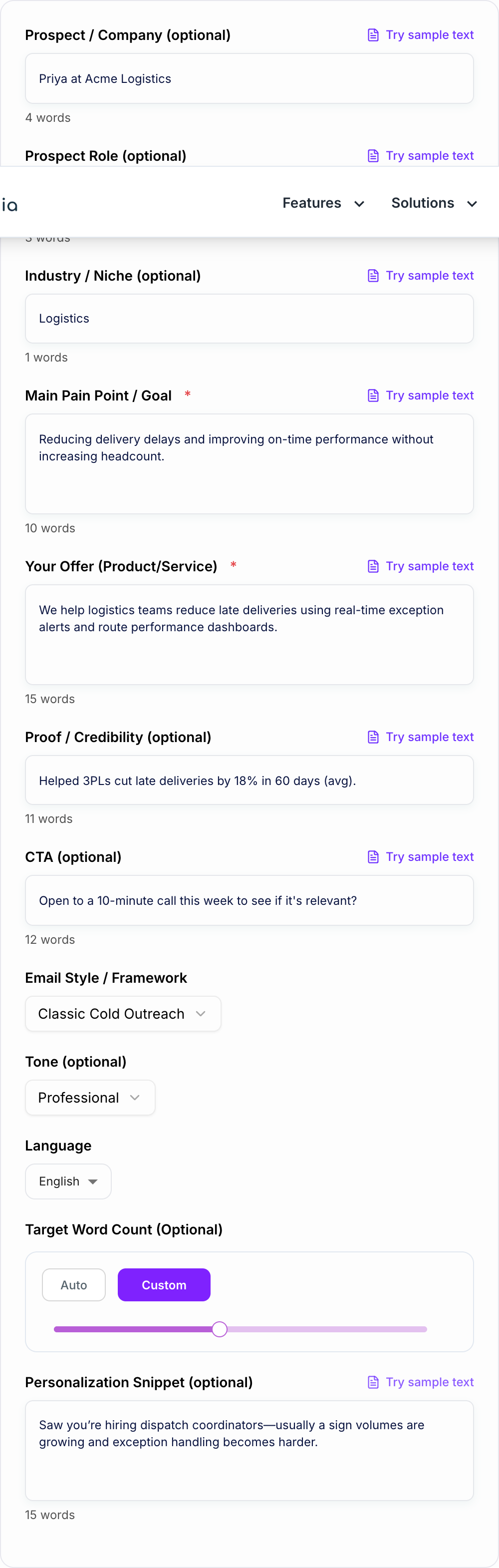 Screenshot of the AI Sales Cold Email Generator form