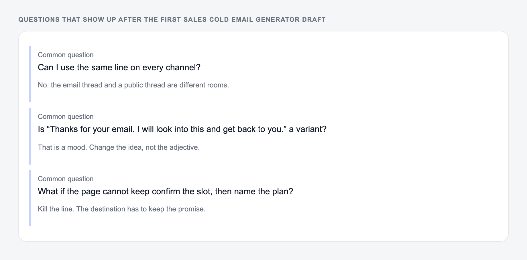 Screenshot of three common questions people ask after generating with the Sales Cold Email Generator, including what to lock (Tuesday 10:00 and the fee) and when to stop