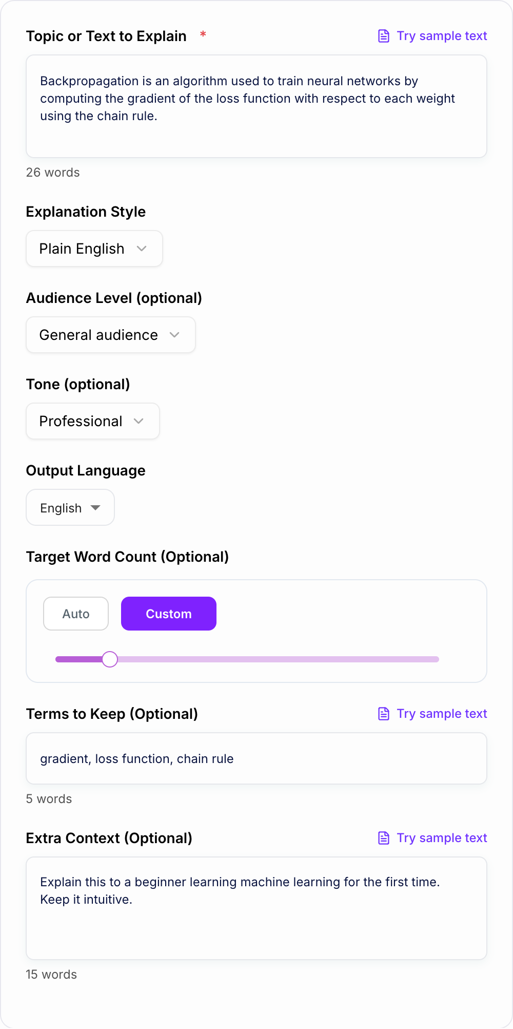 Screenshot of the AI Simplified Explanation Generator form
