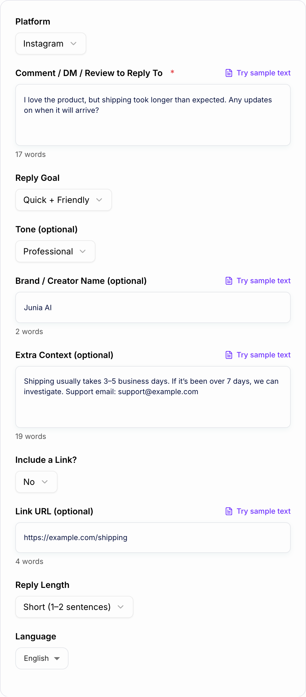 Screenshot of the AI Social Media Reply Generator form