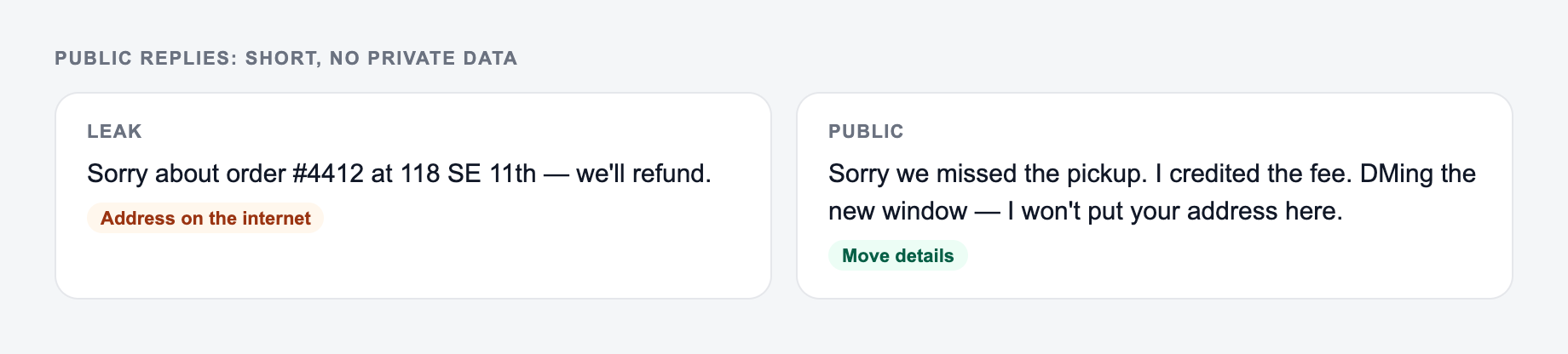 Public replies: short, no private data