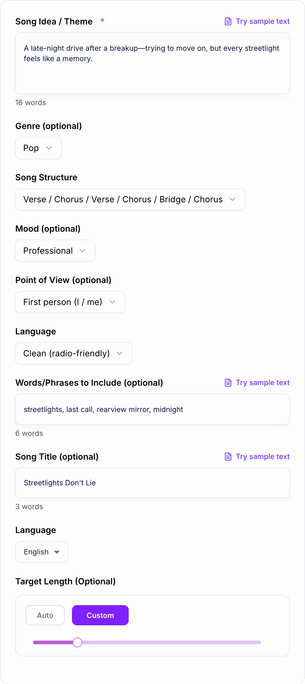 Screenshot of the AI Song Lyric Generator workspace