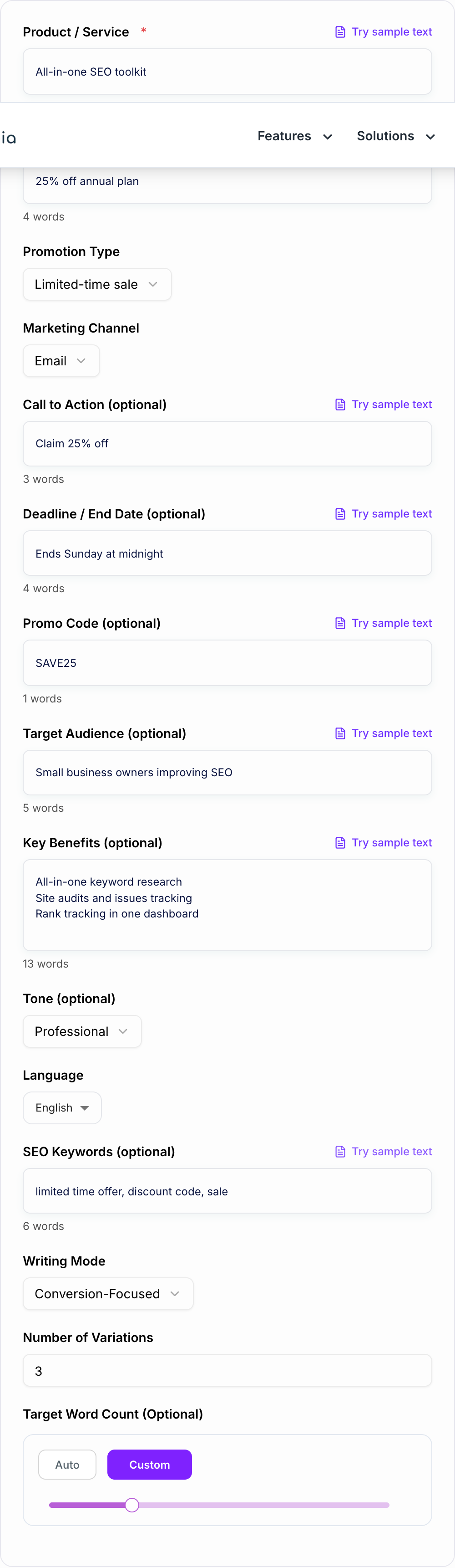 Screenshot of the AI Special Discount Promotion Generator form with offer, end date, and audience filled in