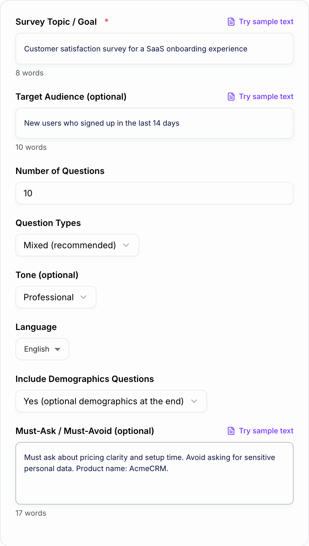 Screenshot of the AI Survey Question Generator form