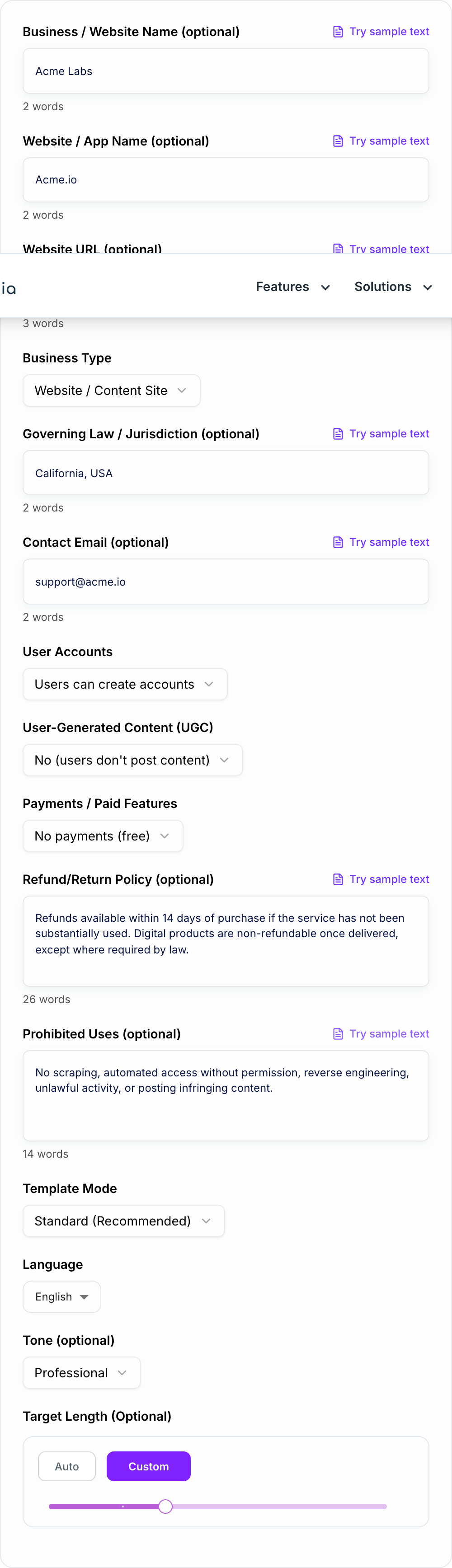 Screenshot of the AI Terms and Conditions Generator workspace