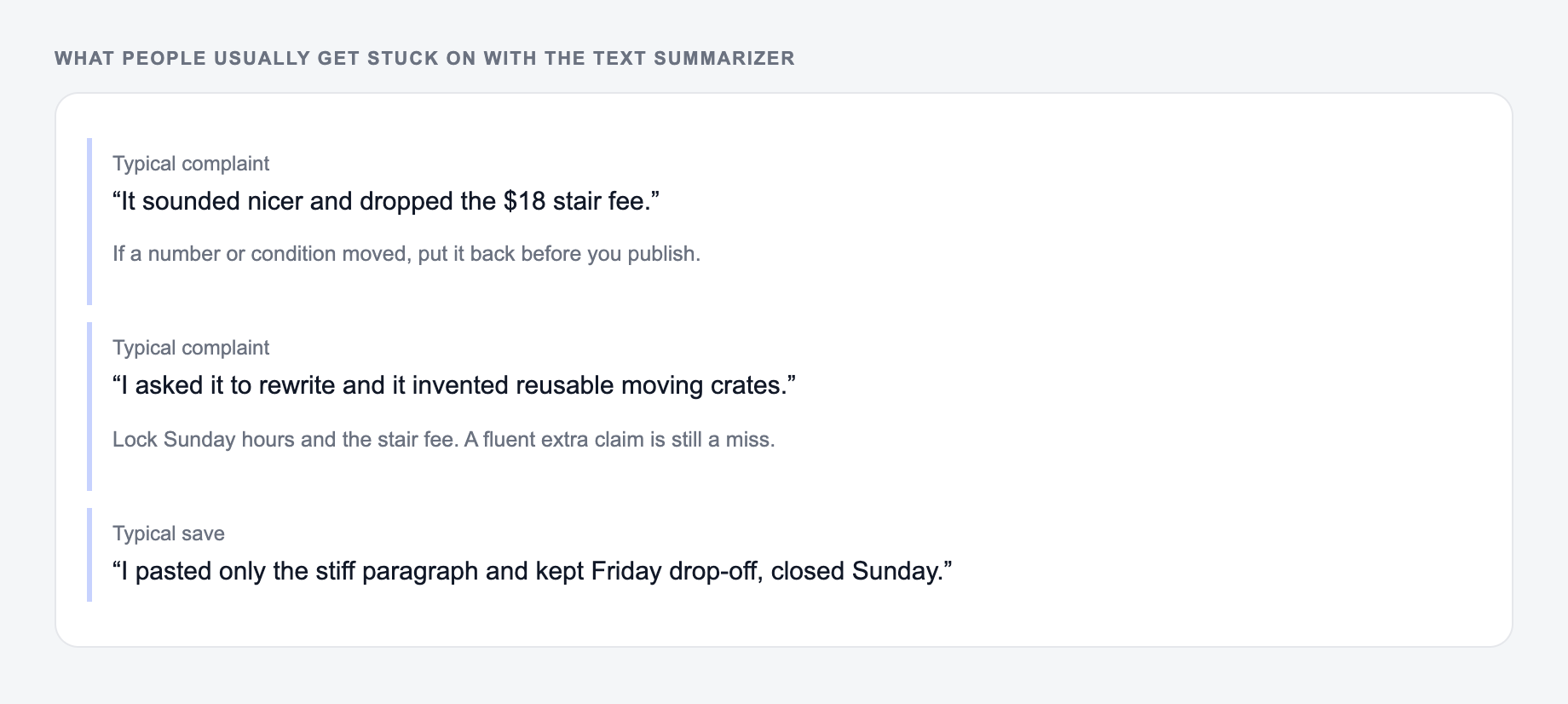 Screenshot of three review notes about the Text Summarizer, including a complaint that the draft invented the $18 stair fee and a save that locked Sunday hours and the stair fee