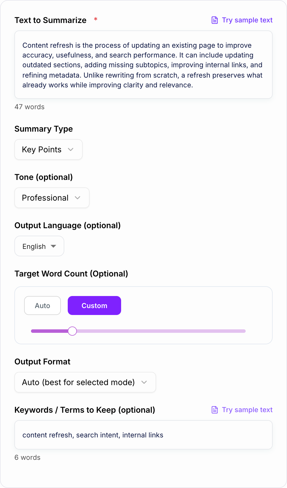 Screenshot of the AI Text Summarizer form with source text, summary type, and must-keep terms filled in