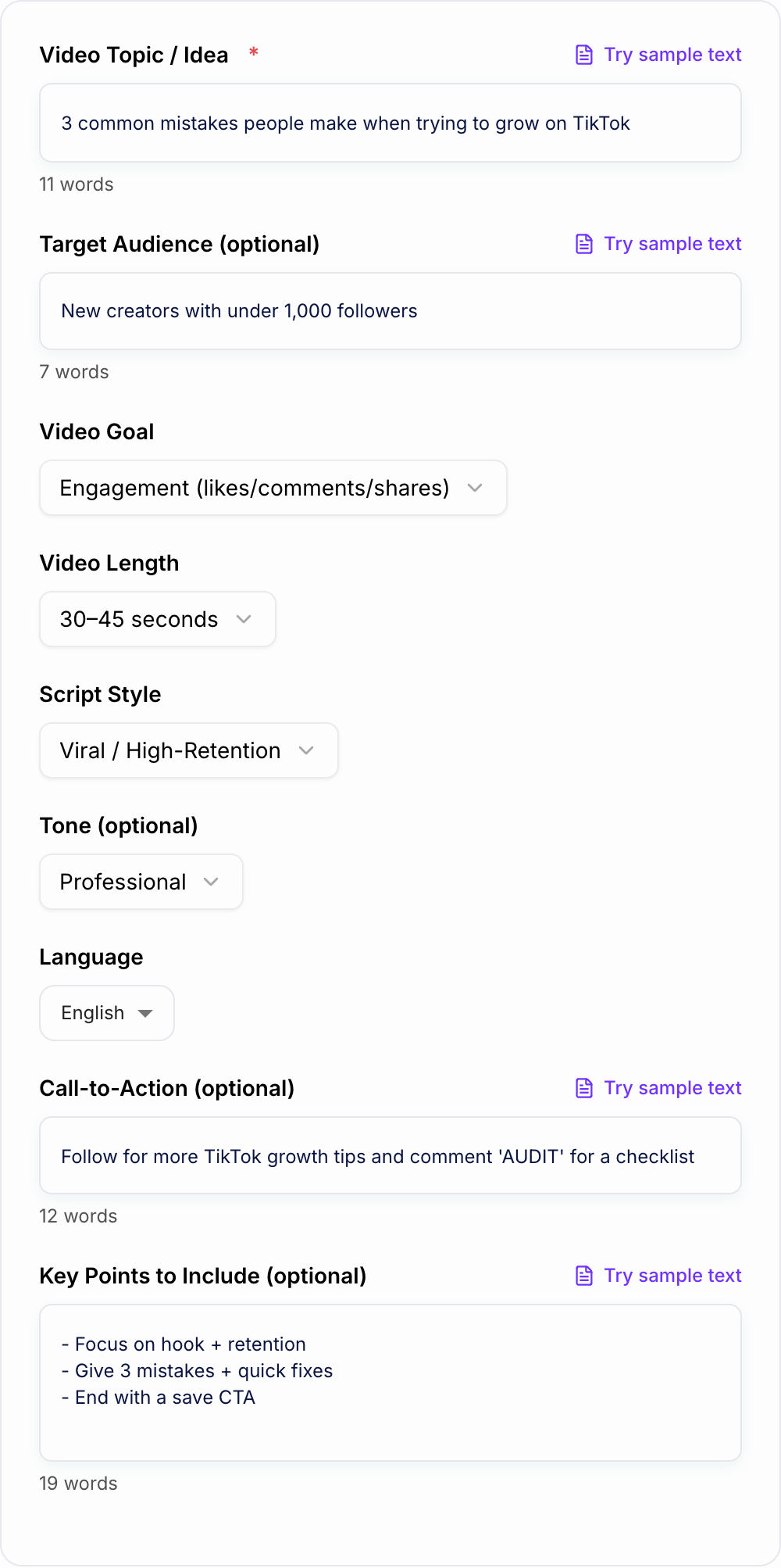 Screenshot of the AI TikTok Video Script Generator form with hook, topic, and style filled in