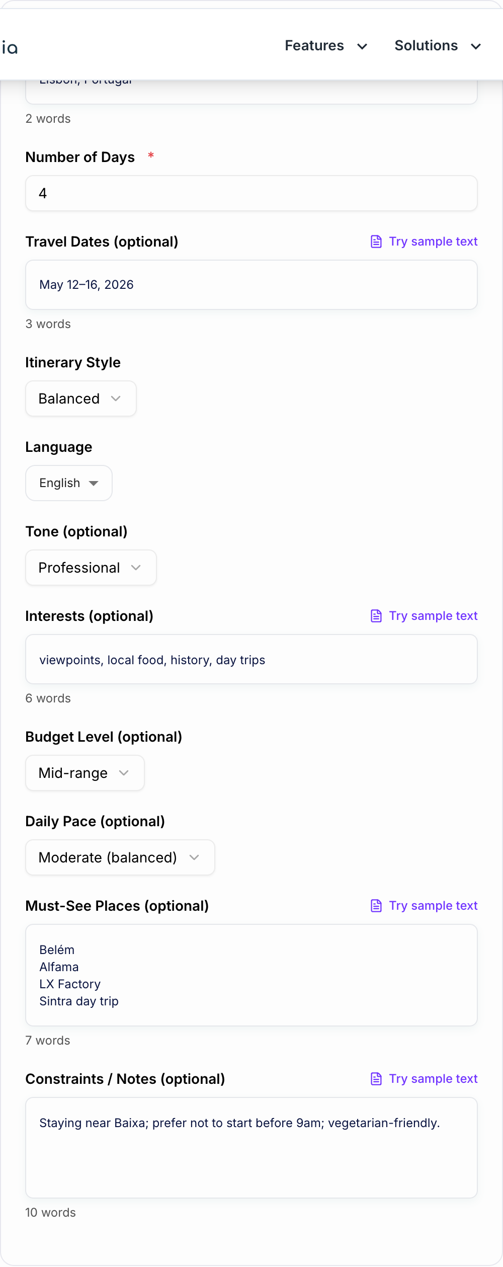 Screenshot of the AI Travel Itinerary Planner workspace