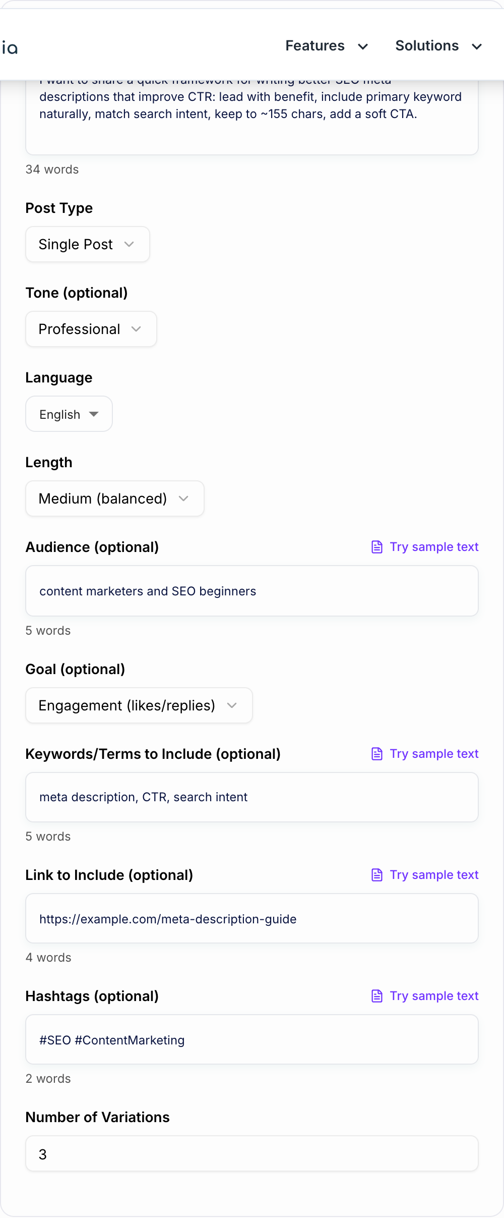 Screenshot of the AI Twitter/X Post Generator form with topic, angle, and post goal filled in