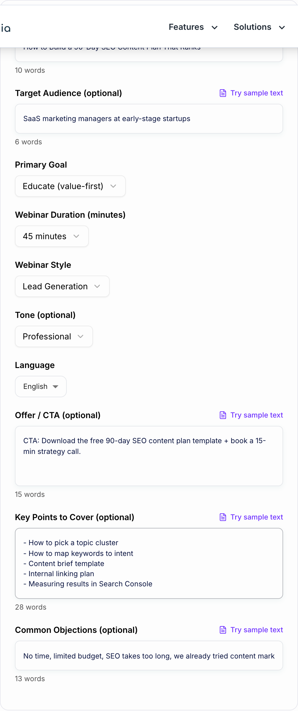 Screenshot of the AI Webinar Script Generator form with topic, offer, and timebox filled in