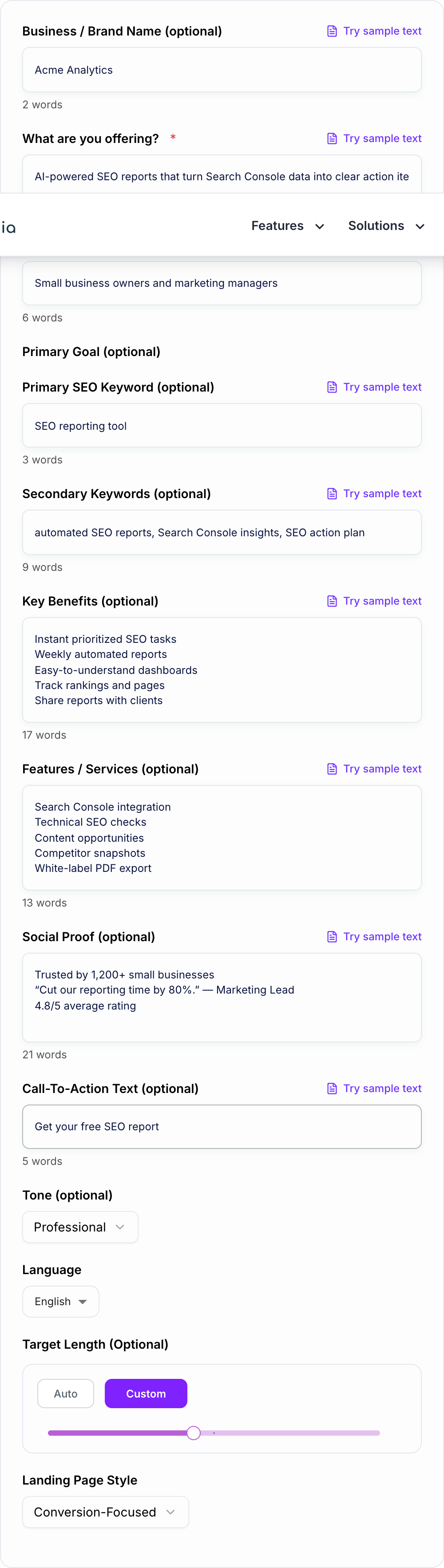 Screenshot of the AI Landing Page Generator form