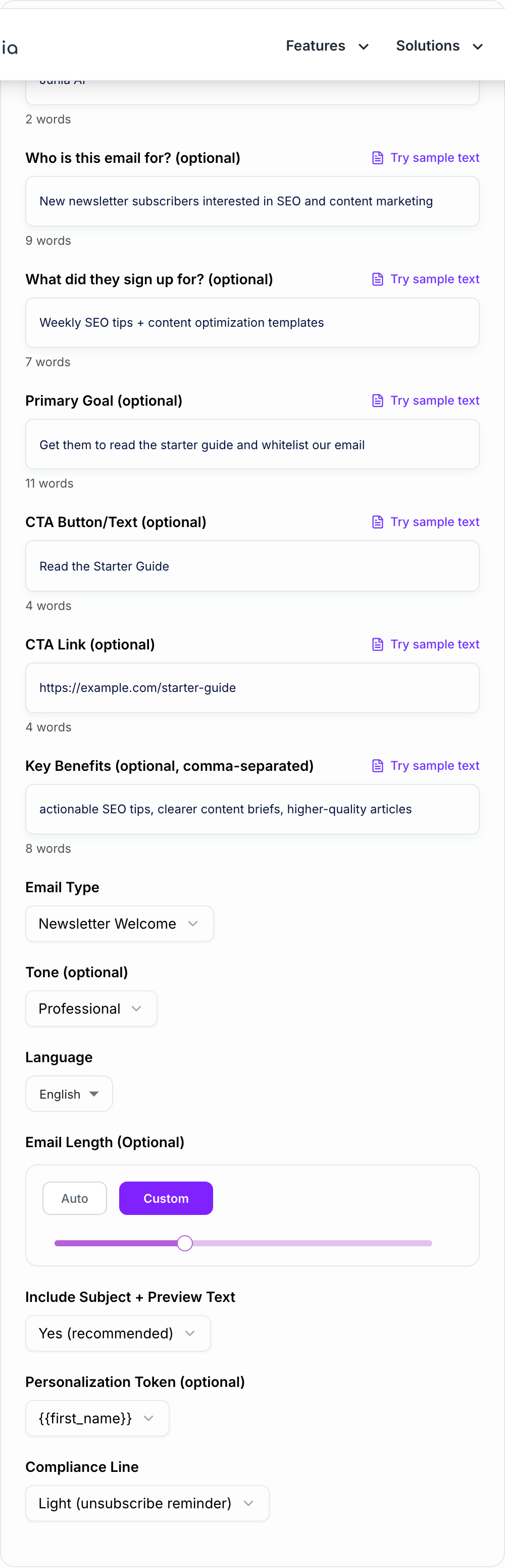 Screenshot of the AI Welcome Email Generator form