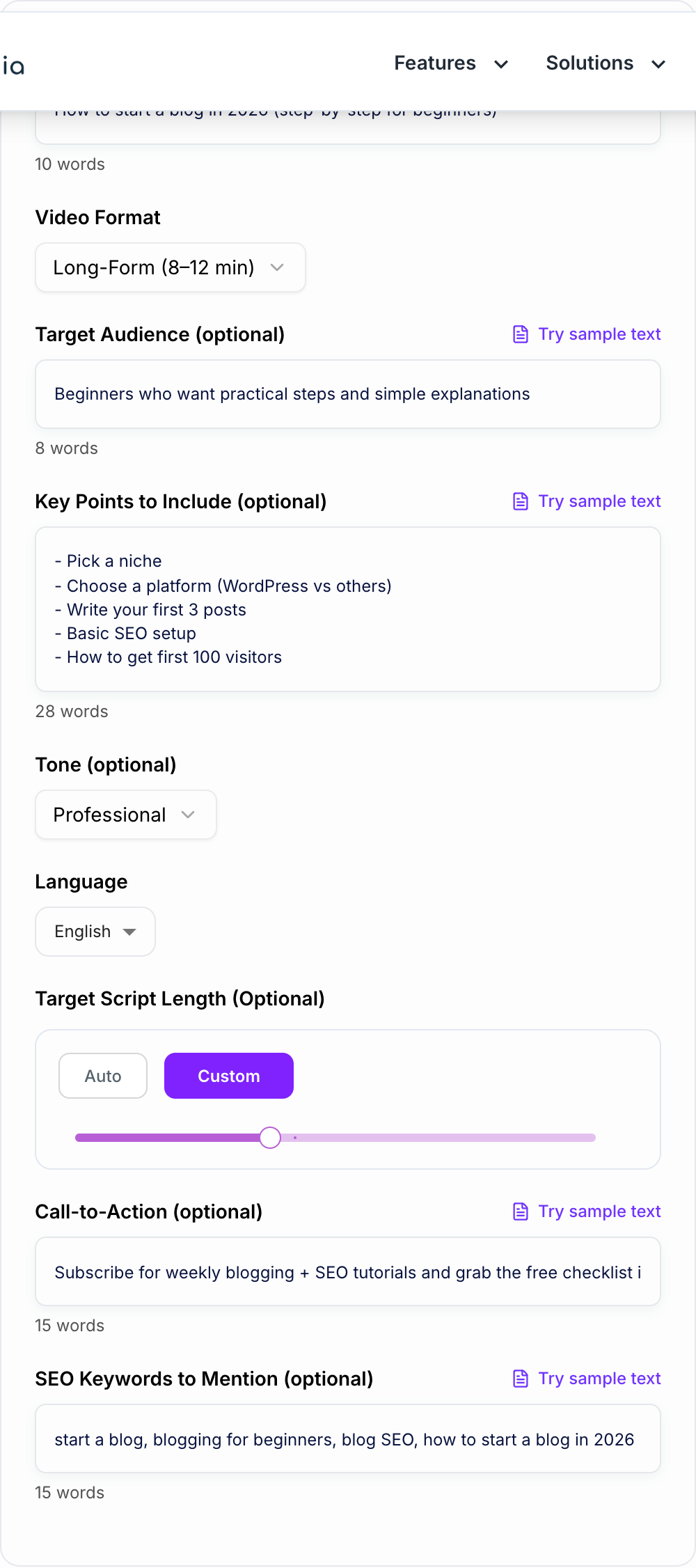 Screenshot of the AI YouTube Video Script Generator form with topic, format, and length filled in