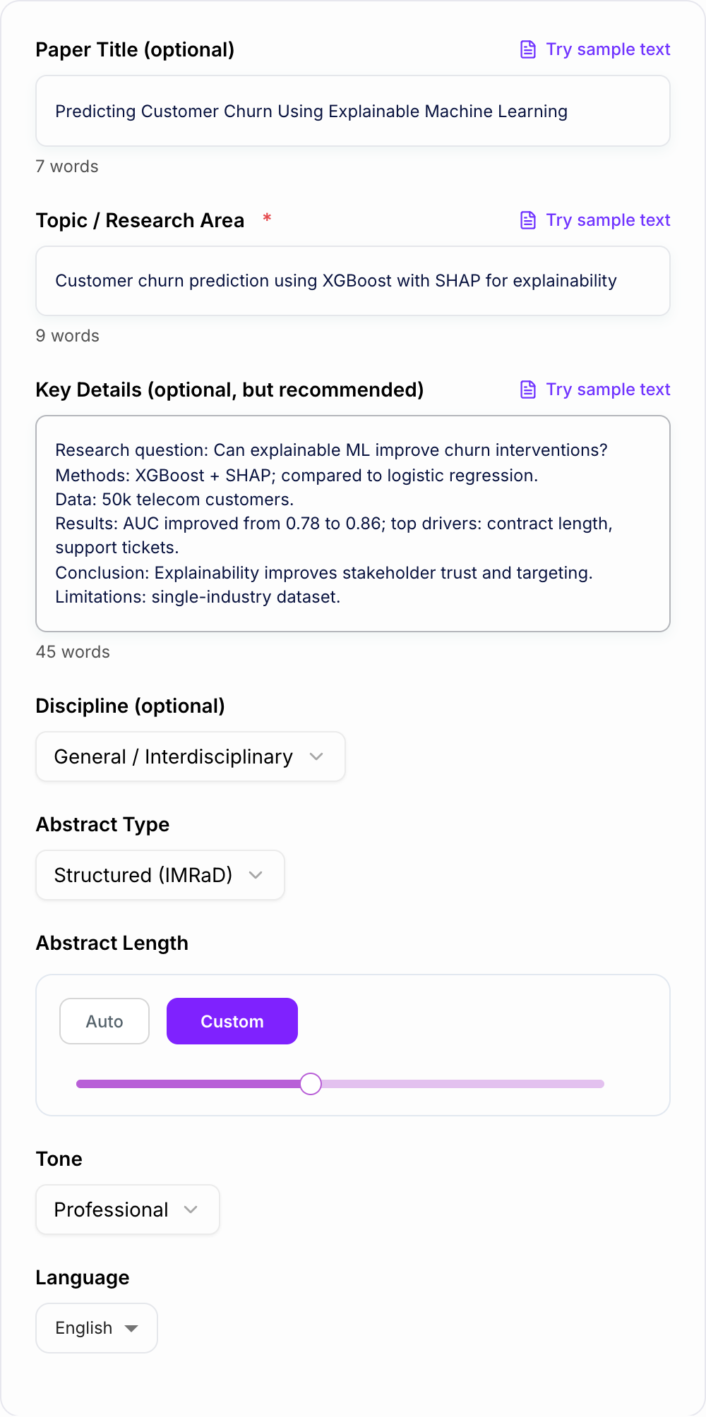 Screenshot of the AI Abstract Generator form with purpose, methods, and findings filled in