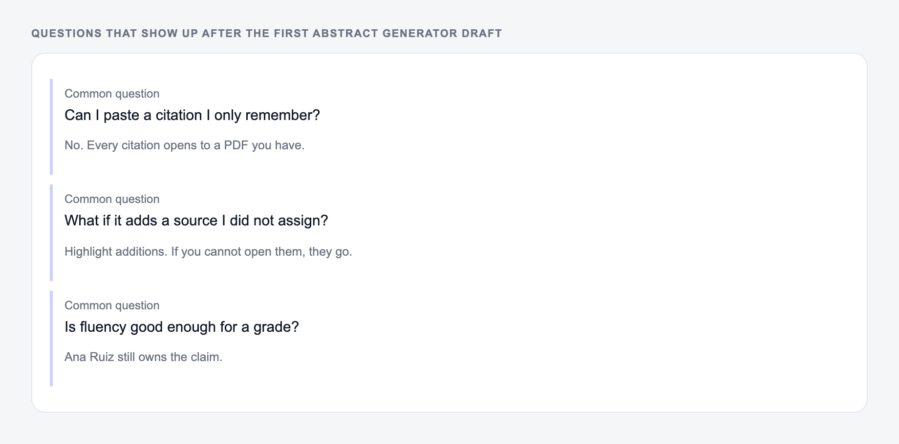 Screenshot of three common questions people ask after generating with the Abstract Generator, including what to lock (author names, year, and the DOI) and when to stop
