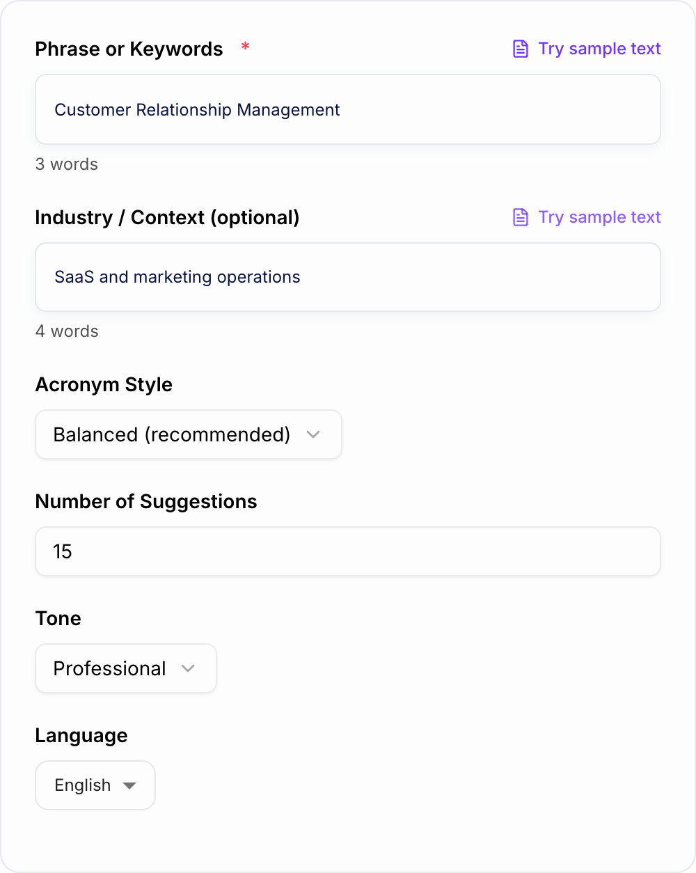 Screenshot of the AI Acronym Generator form