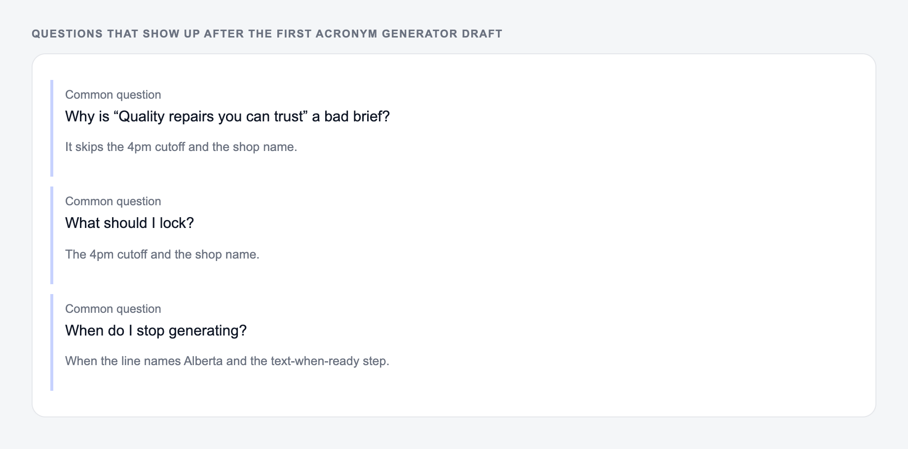 Screenshot of three common questions people ask after generating with the Acronym Generator, including what to lock (the 4pm cutoff and the shop name) and when to stop