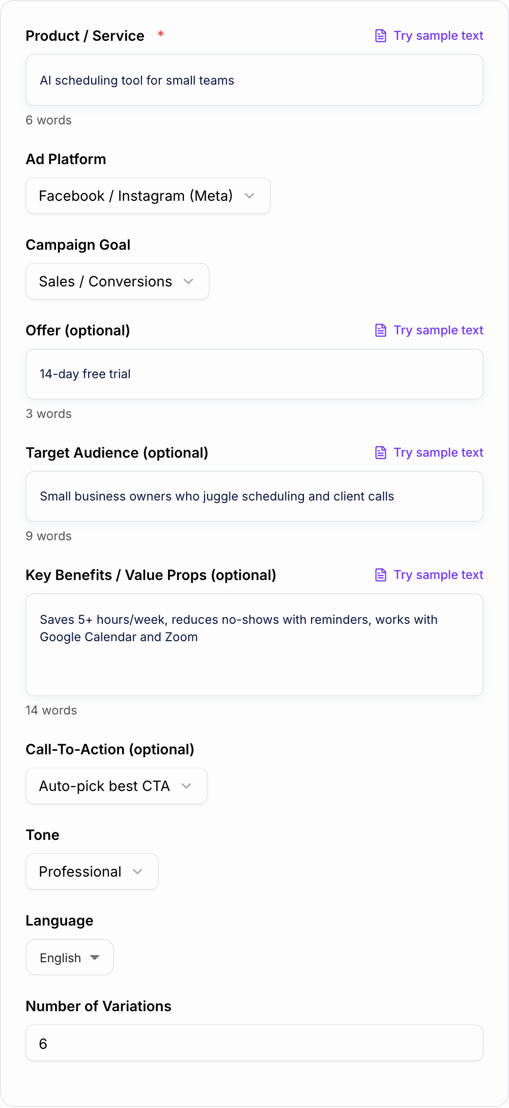 Screenshot of the AI Advertisement Copy Generator form with offer, audience, and platform filled in