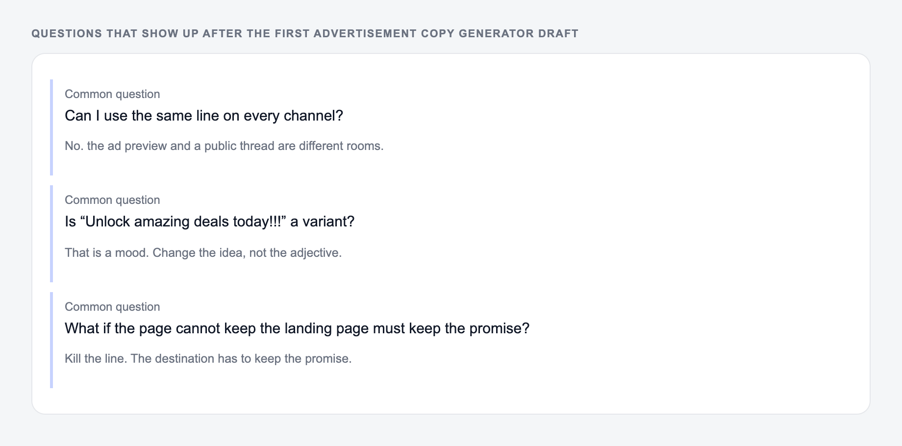 Screenshot of three common questions people ask after generating with the Advertisement Copy Generator, including what to lock (Hawthorne and Friday) and when to stop