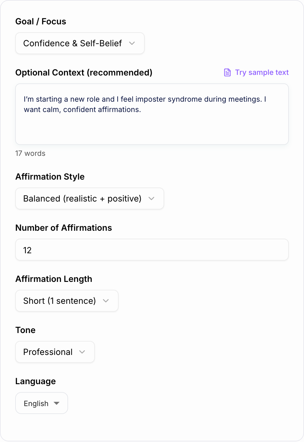 Screenshot of the AI Affirmation Generator form