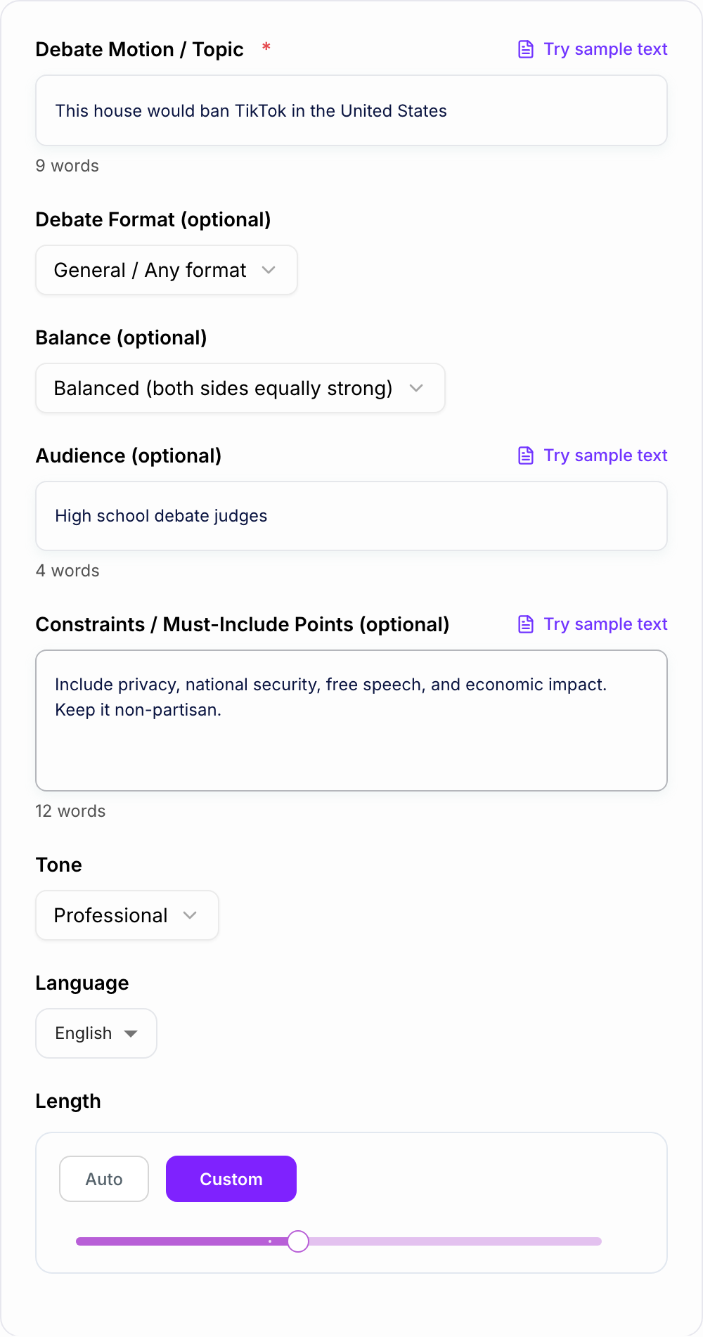 Screenshot of the AI Debate Generator workspace
