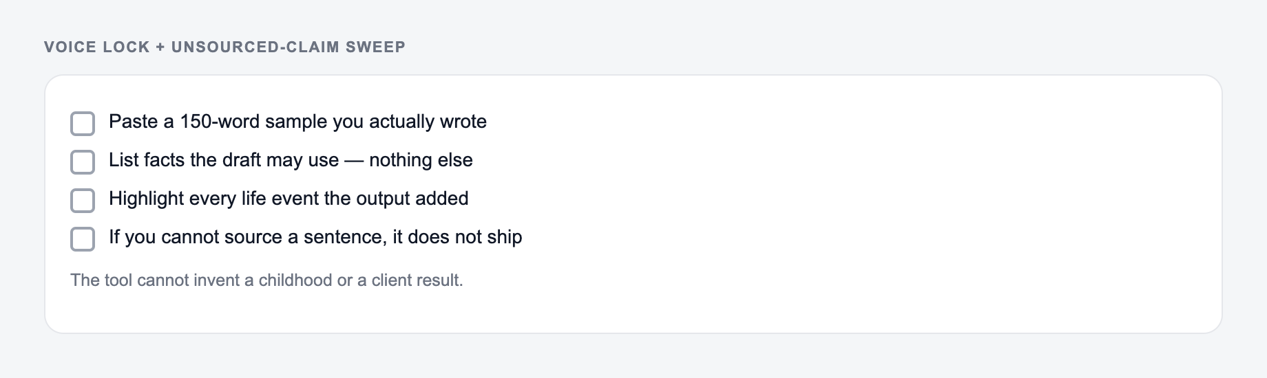 Voice lock and unsourced-claim sweep