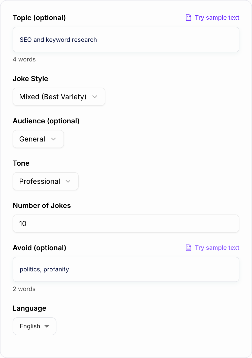 Screenshot of the AI Joke Generator form with topic, audience, and joke style filled in