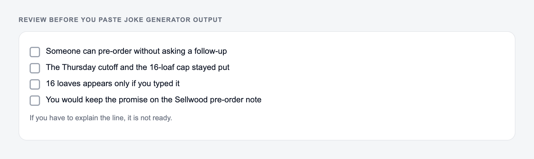 Screenshot of a four-item review checklist for Joke Generator output, covering what must stay true and what the draft is not allowed to invent