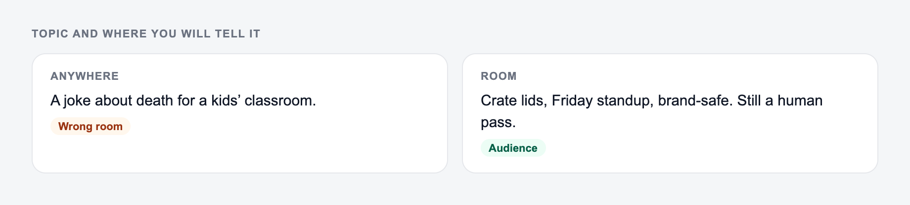 Screenshot from the AI Joke Generator showing a joke written for a named room, versus a generic setup