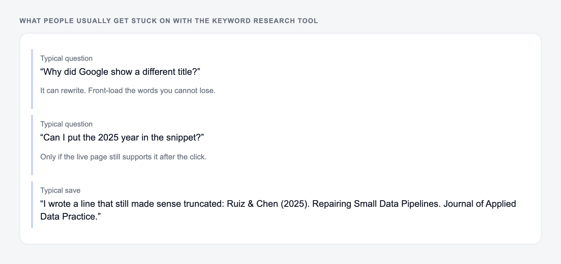 Screenshot of three review notes about the Keyword Research Tool, including a complaint that the draft invented the 2025 year and a save that locked author names, year, and the DOI