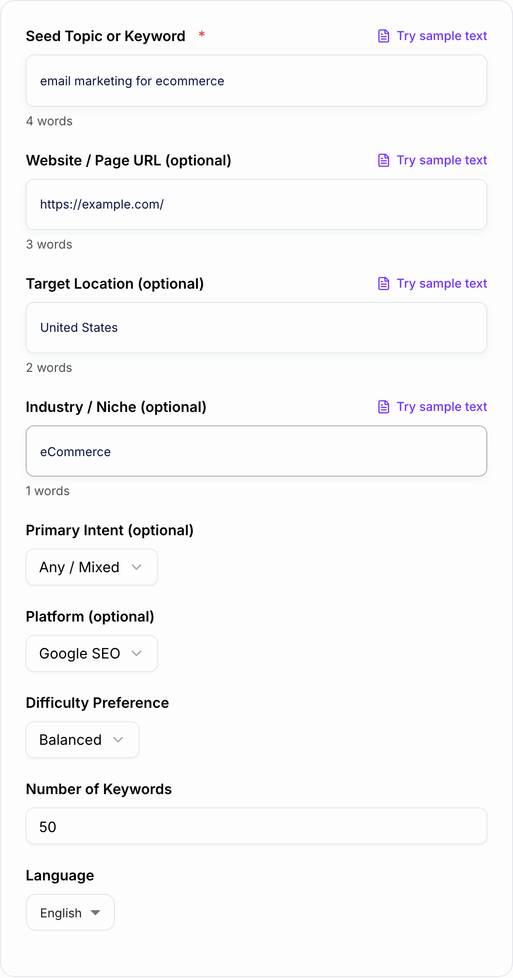 Screenshot of the AI Keyword Research Tool workspace