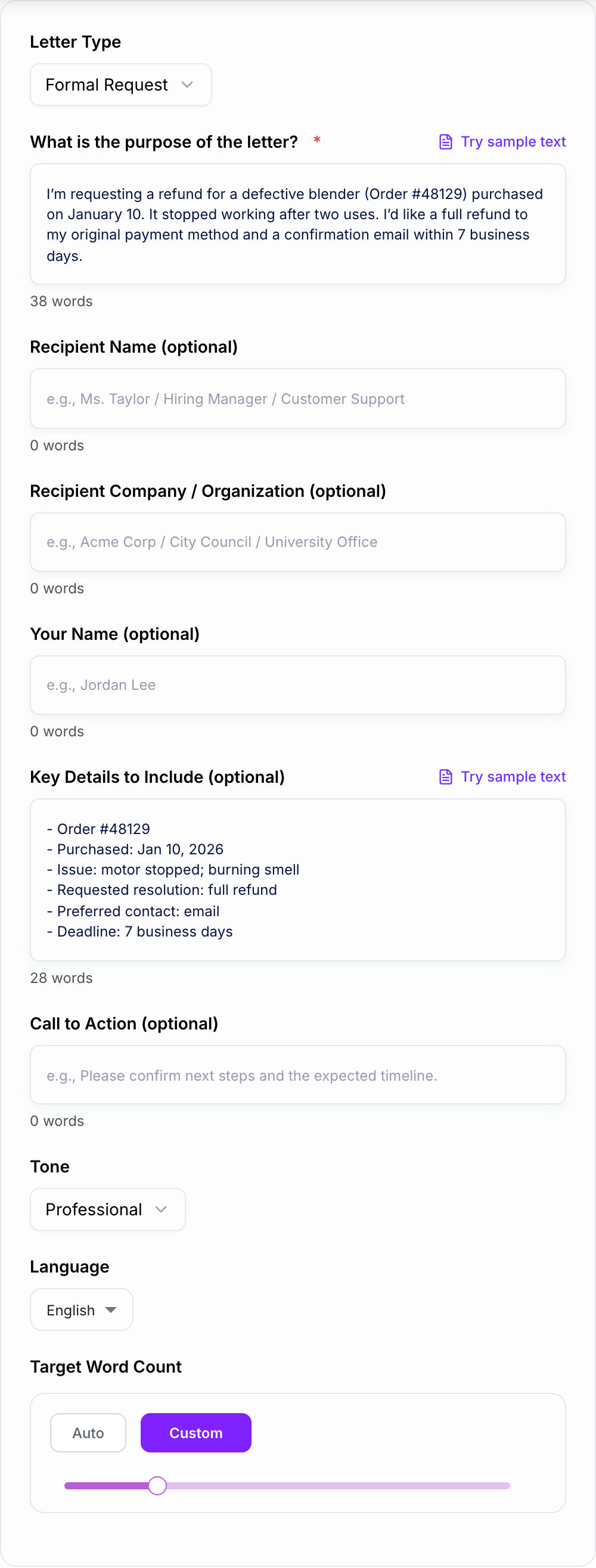 Screenshot of the AI Letter Generator form with letter type, recipient, and the ask filled in