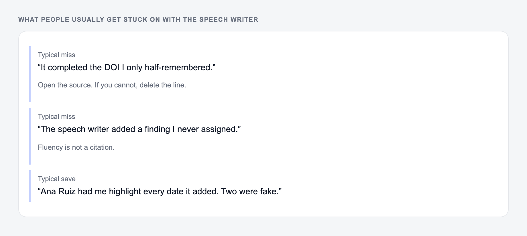 Screenshot of three review notes about the Speech Writer, including a complaint that the draft invented the 2025 year and a save that locked author names, year, and the DOI