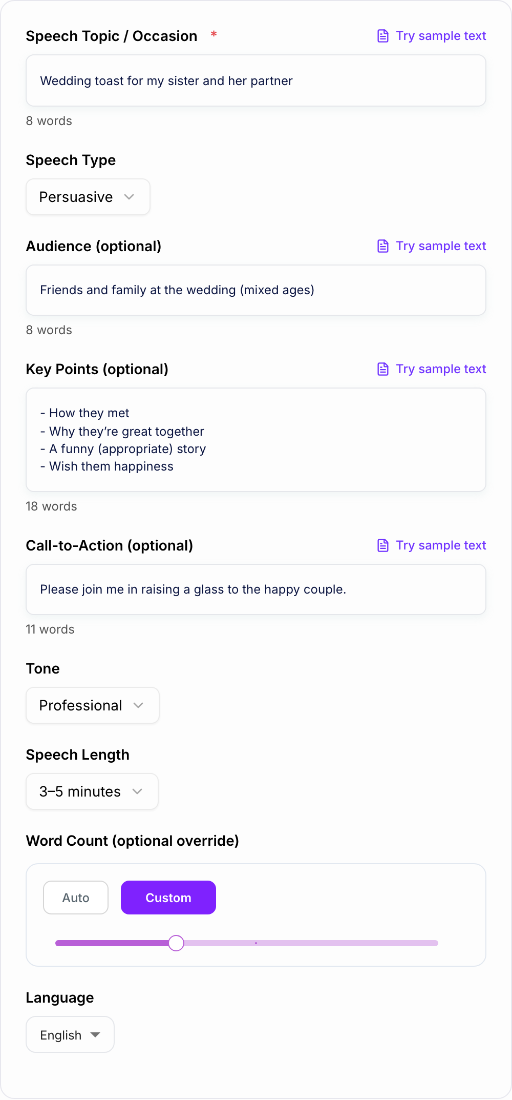 Screenshot of the AI Speech Writer form