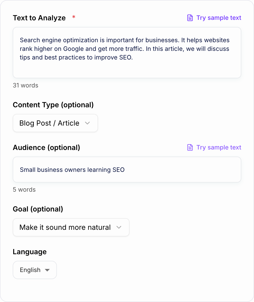 Screenshot of the AI Content Detector form with a sample passage pasted for an authorship-signal report