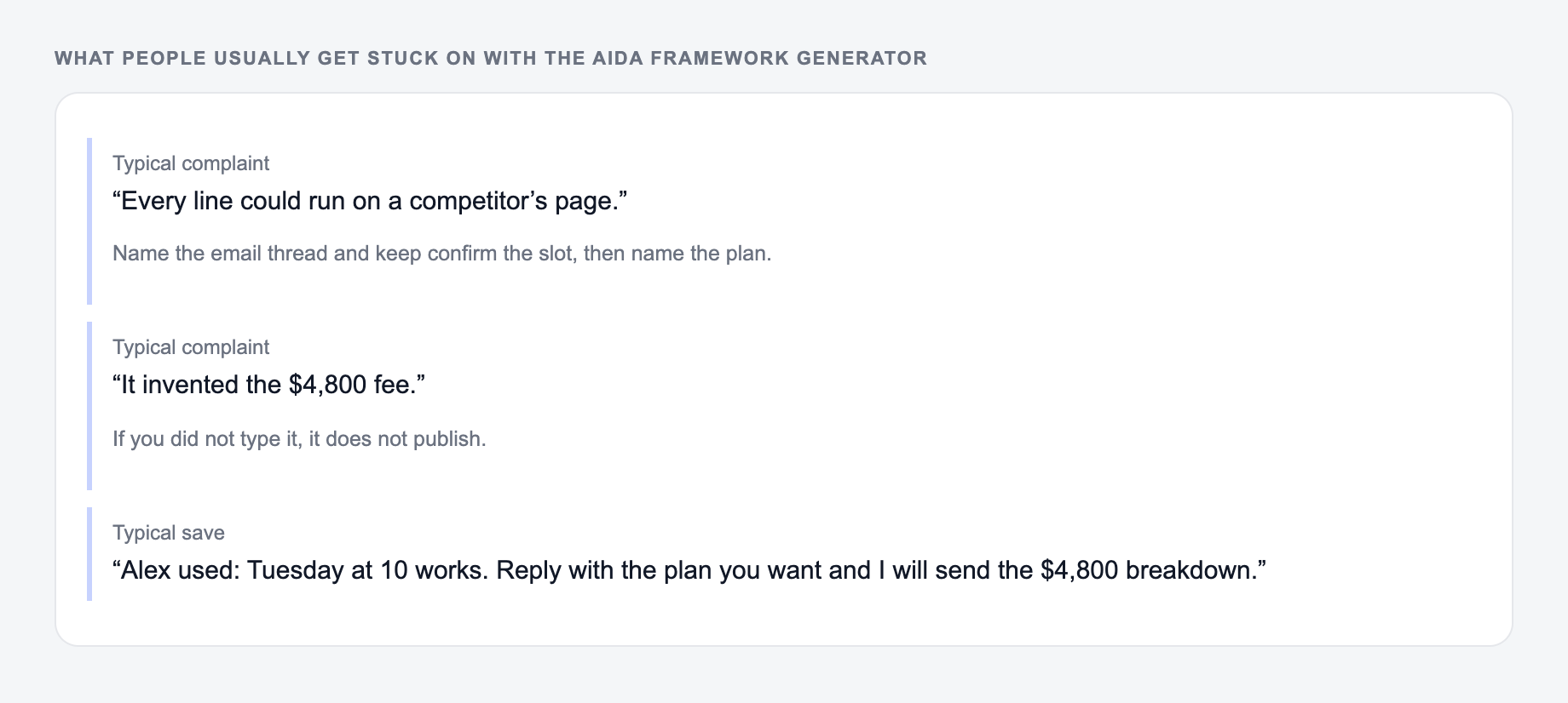 Screenshot of three review notes about the AIDA Framework Generator, including a complaint that the draft invented the $4,800 fee and a save that locked Tuesday 10:00 and the fee