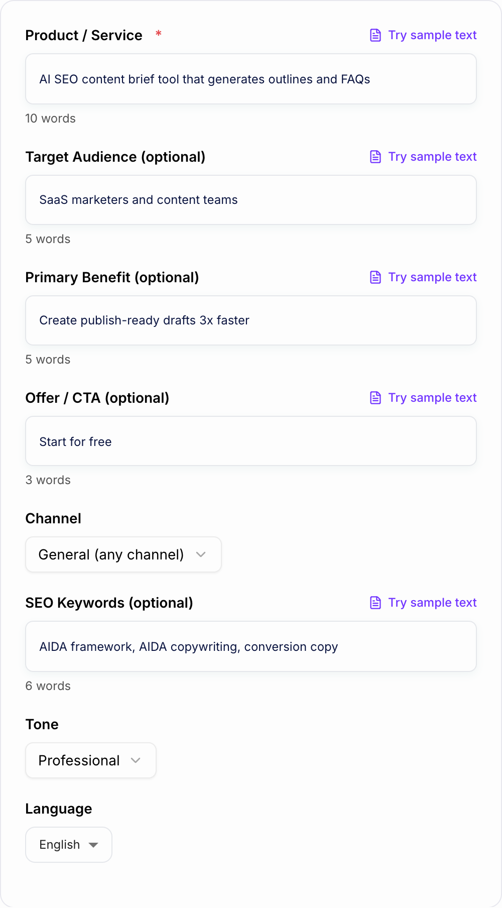 Screenshot of the AI AIDA Framework Generator workspace